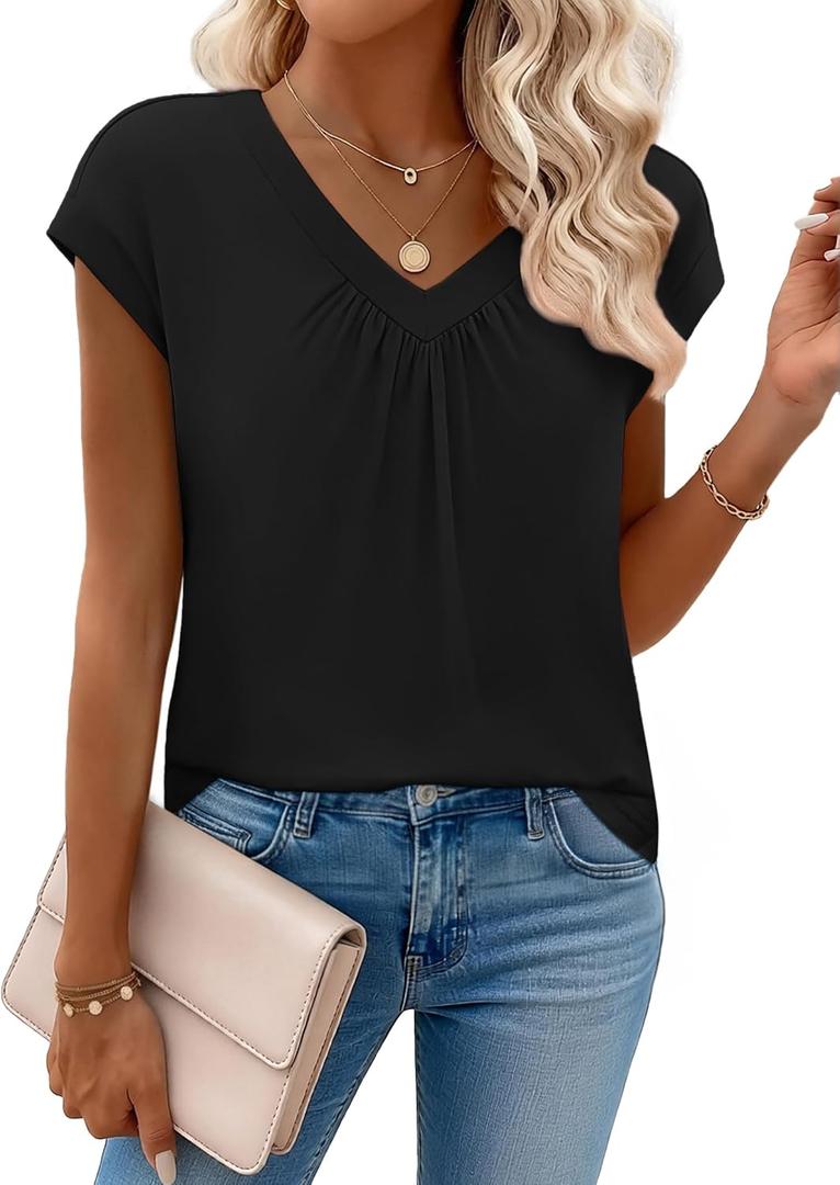 Zeagoo Womens Tops Short Sleeve V Neck Shirts Summer Dressy Casual Business Clothes Work Blouses Fashion Clothing Outfits (Small, A01 Black)