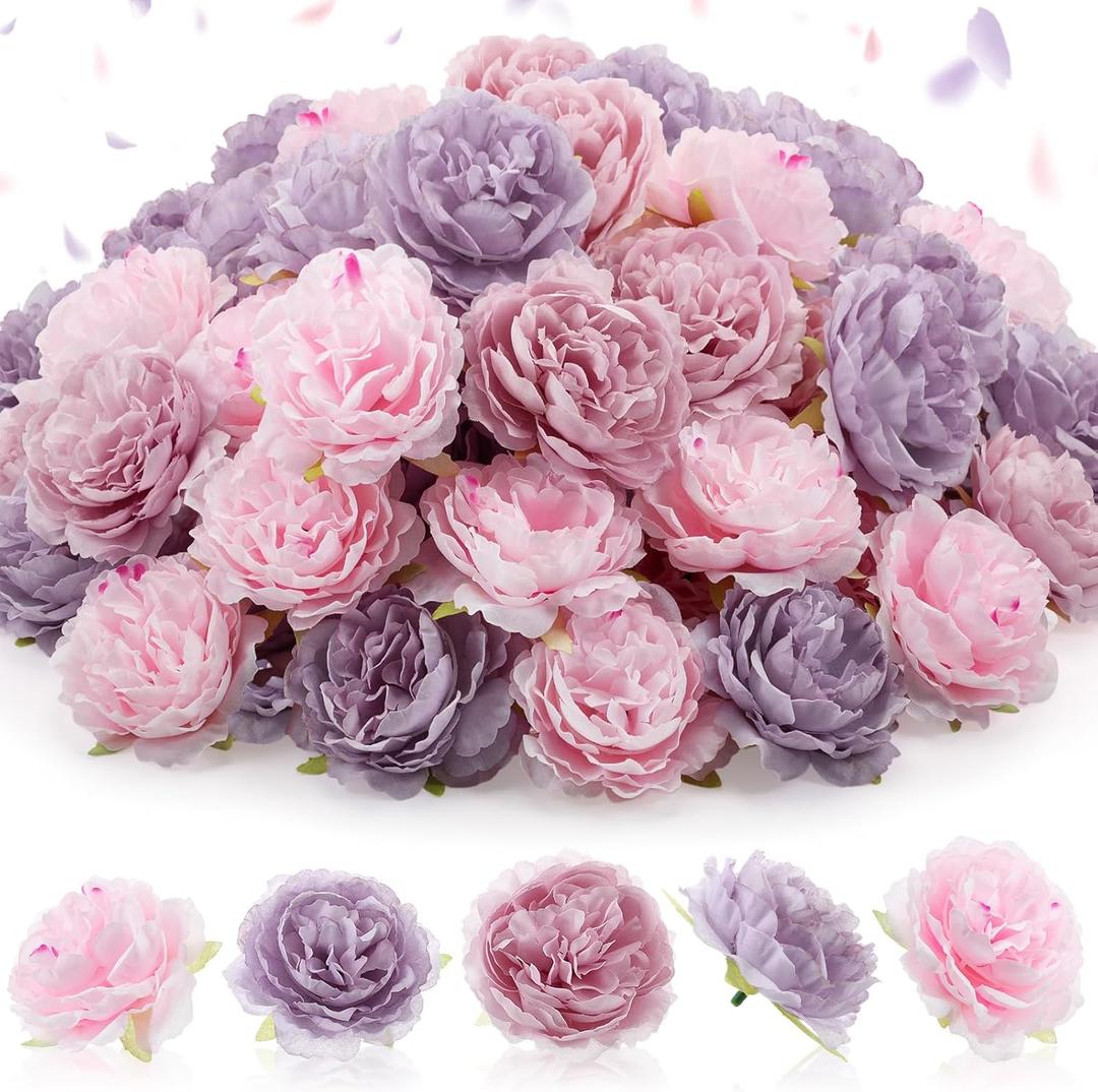 Thiccywoov 50 Pcs Artificial Flowers, 3.2 Inches Silk Rose Head Flowers Fake No Stem for Wedding Bridal Bouquet Home Floral Decor DIY Centerpieces Arrangements Party Tables Decoration(Pink Purple)