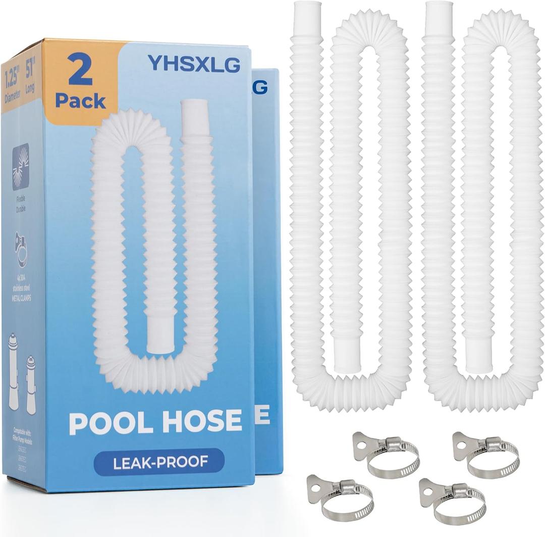 Pool Hoses for Above Ground Pools, 1.25 x 51 Inch Hose for Filter Pump, Compatible with Filter Pump 607, 637 (2 Hoses + 4 Metal Clamps)