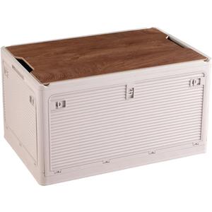 Foldable Storage Bins with Wood Lids Plastic Collapsible Storage Box with Cutting Board Portable Stackable Grocery Container Folding Latching Storage Crate with Removable Pulley (S, Khaki)