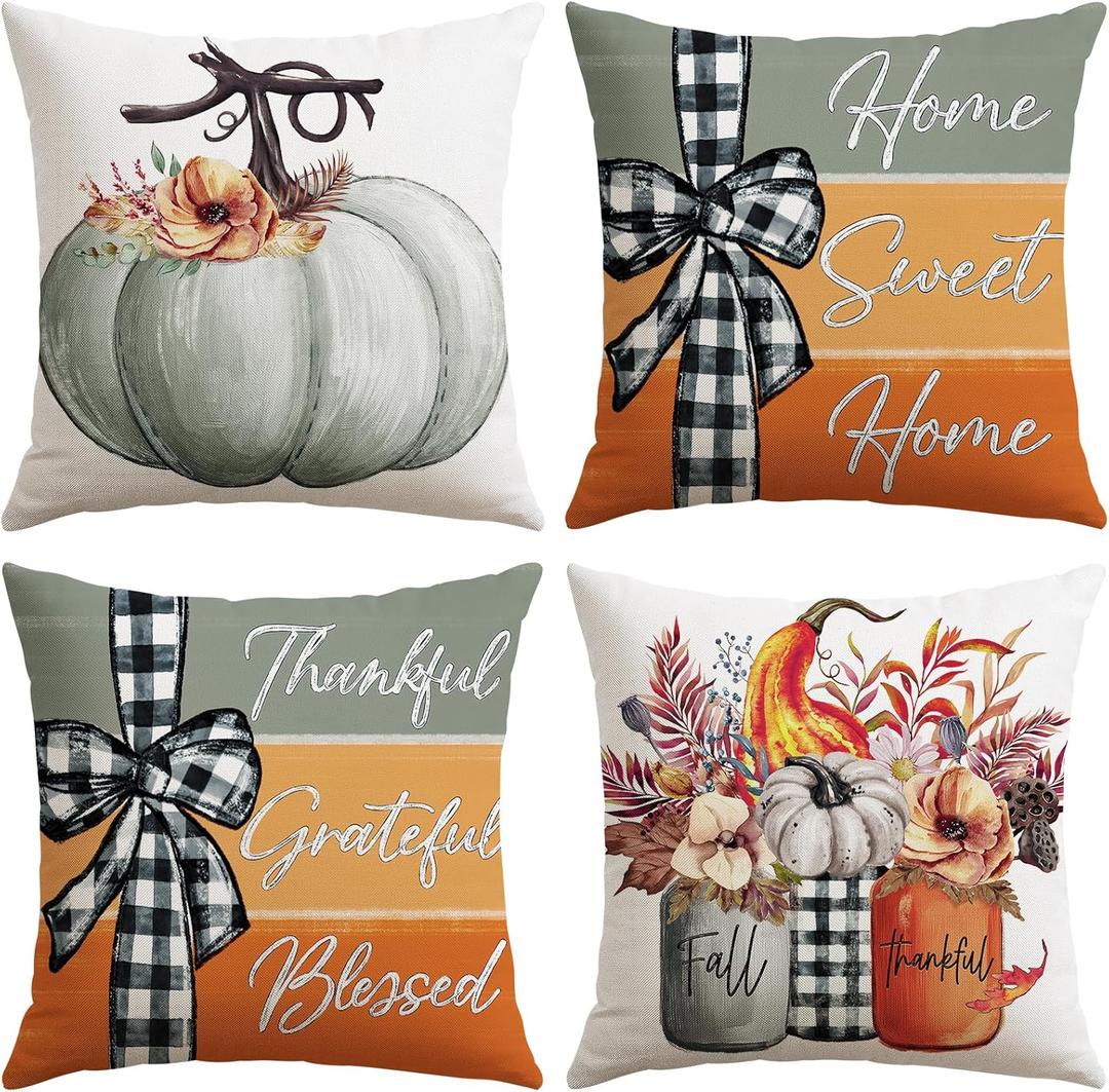 2 x Artscope Fall Decorative Throw Pillow Covers 20x20 Inch Set of 4 Fall Gifts for Home Decor, Autumn Pumpkin Sweet Home Thankful Grateful Blessed Outdoor Farmhouse Pillow Cases for Sofa Couch-Grey