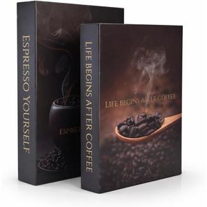 Coffee Bar Decor Faux Books with Hidden Storage - Themed Coffee Bar Sign and Decor Accent - Set of 2 with Gold Foil Lettering and Smoke Design