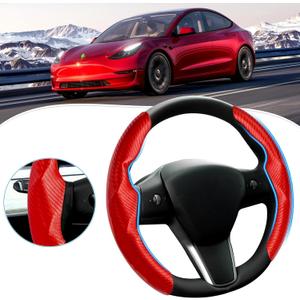 Steering Wheel Cover for Telsa Model 3/Model Y Accessories Carbon Fiber Steering Wheel Cover Protector Anti-Slip, Comfortable Grip, Breathable, Model 3/Y Accessories, Red