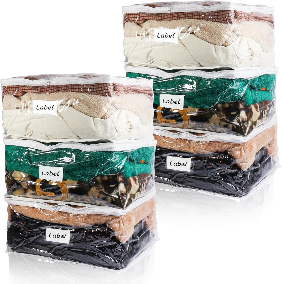 Clear Zippered Storage Bags Plastic Sweater Storage Bags with Zipper 6 Packs Clothing Organizer for Blankets Linen Sweater Bed Sheet Quilt Clothes Pillow (18 x 15 x 9 Inch) (White)