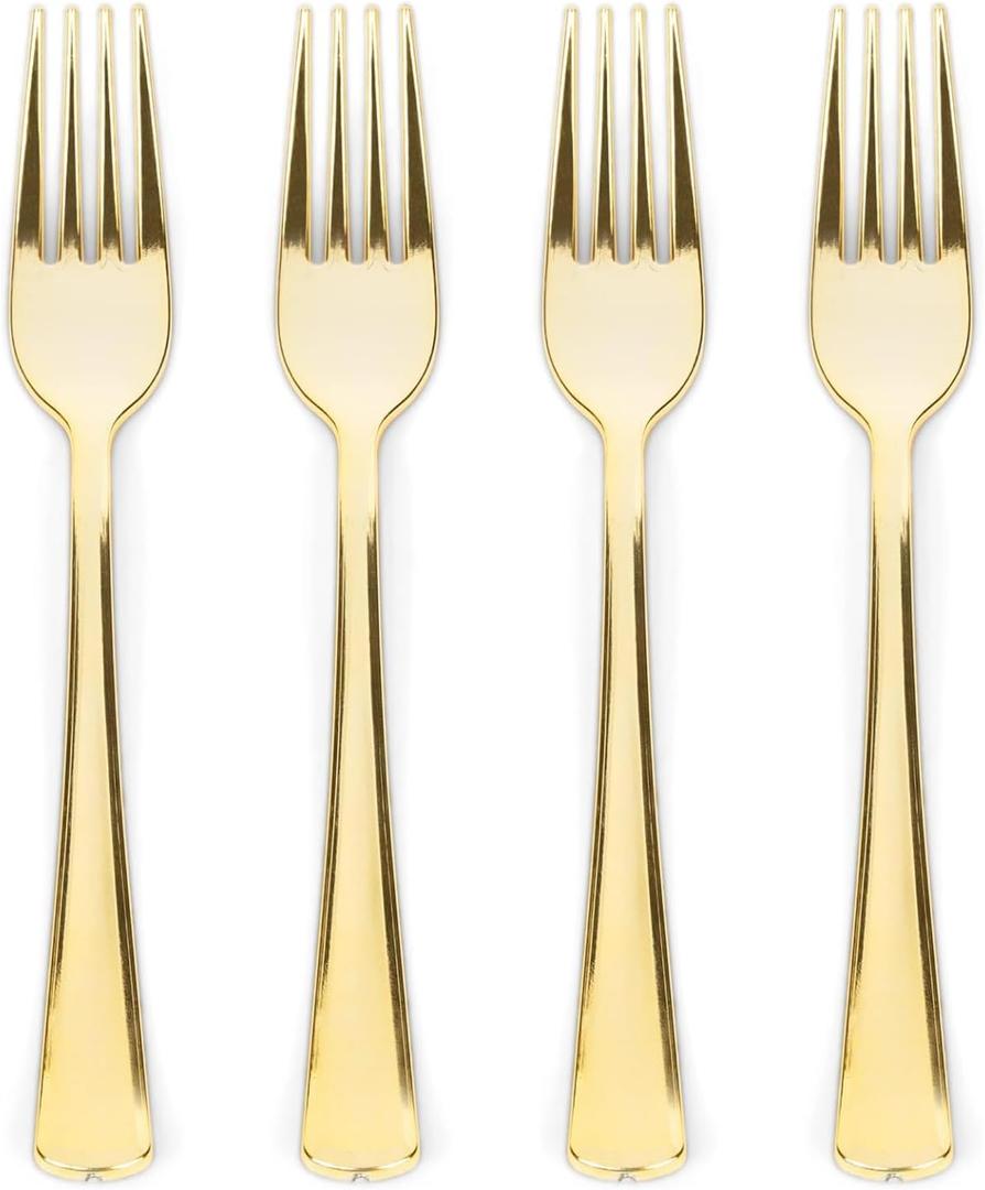 Prestee Set of 300 Gold Plastic Forks Disposable - 7-in Heavy-Duty Fork Flatware - Bulk Pack Fancy Silverware - Sturdy Elegant Cutlery for Weddings, Birthday Parties, Buffets, Catering, and Events