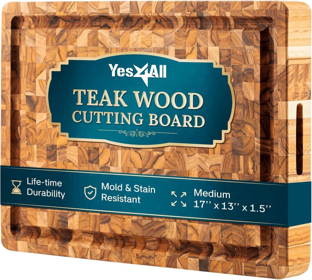 Yes4All Medium End Grain Teak Cutting Board for Kitchen, 17''L x 13''W x 1.5 Thick, Durable Wood with Juice Grooves, Pre-Oiled, Easy Grip Handles, Essential Kitchen Utensils Set