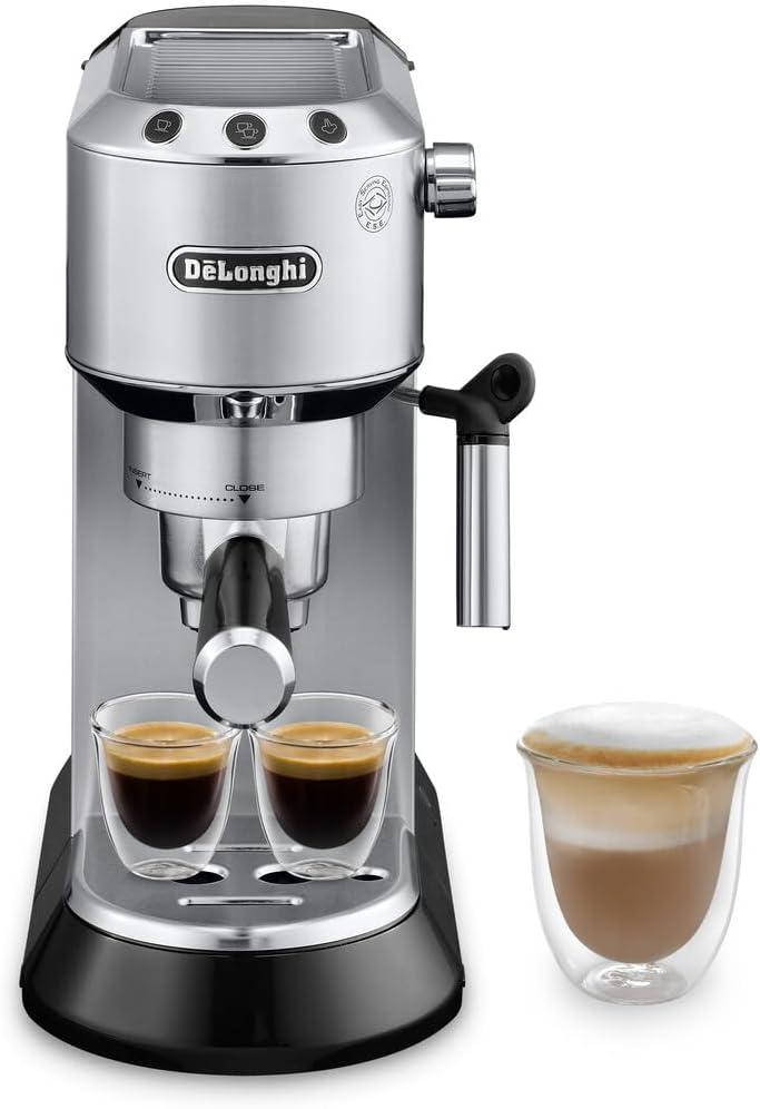 DeLonghi Dedica Espresso Machine with Manual Milk Frother, 15-Bar Pump & Adjustable Tray - Home Barista Coffee Maker for Espresso, Latte, Cappuccino & Iced Coffee - Italian Stainless Steel Design