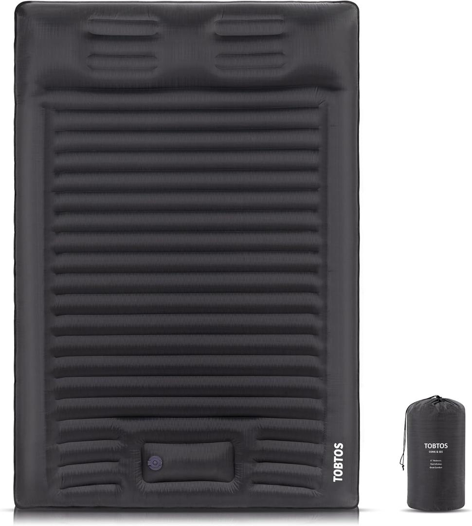 TOBTOS Double Sleeping Pad for Camping, Extra Thick 6" Camping Mattress 2 Person with Pillow Built-in Foot Pump, Inflatable Sleeping Mat for Backpacking, Hiking, Traveling (Dark Grey)