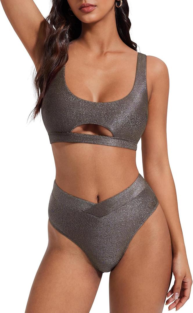 SUUKSESS Women Cutout Color Block Bikini Sets Sexy High Cut 2 Piece Bathing Suit, Large