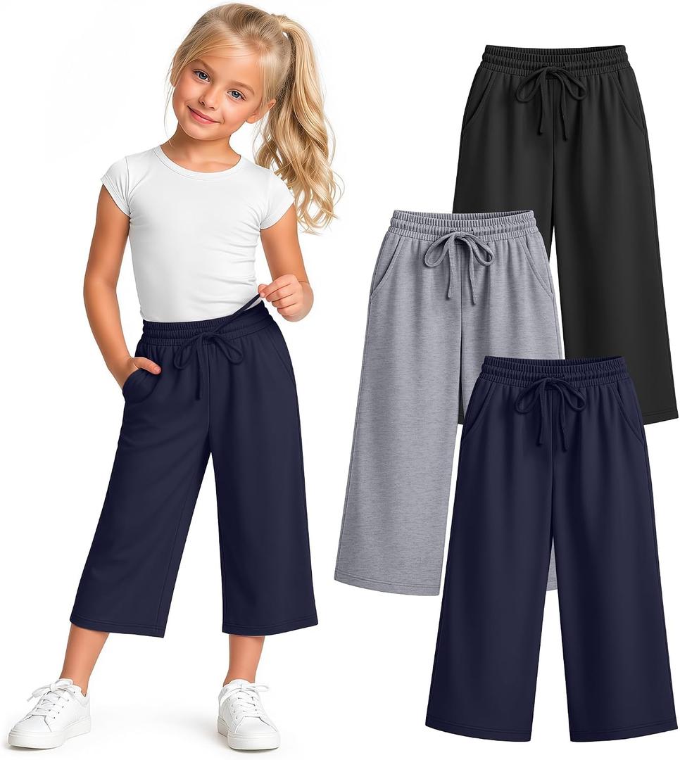 3 Pack Girls' Capri Pants 5-14 Years | Drawstring Capris, Cropped Pants, Kids Sweatpants, Workout, Summer, Loose, Back to School, with Pockets