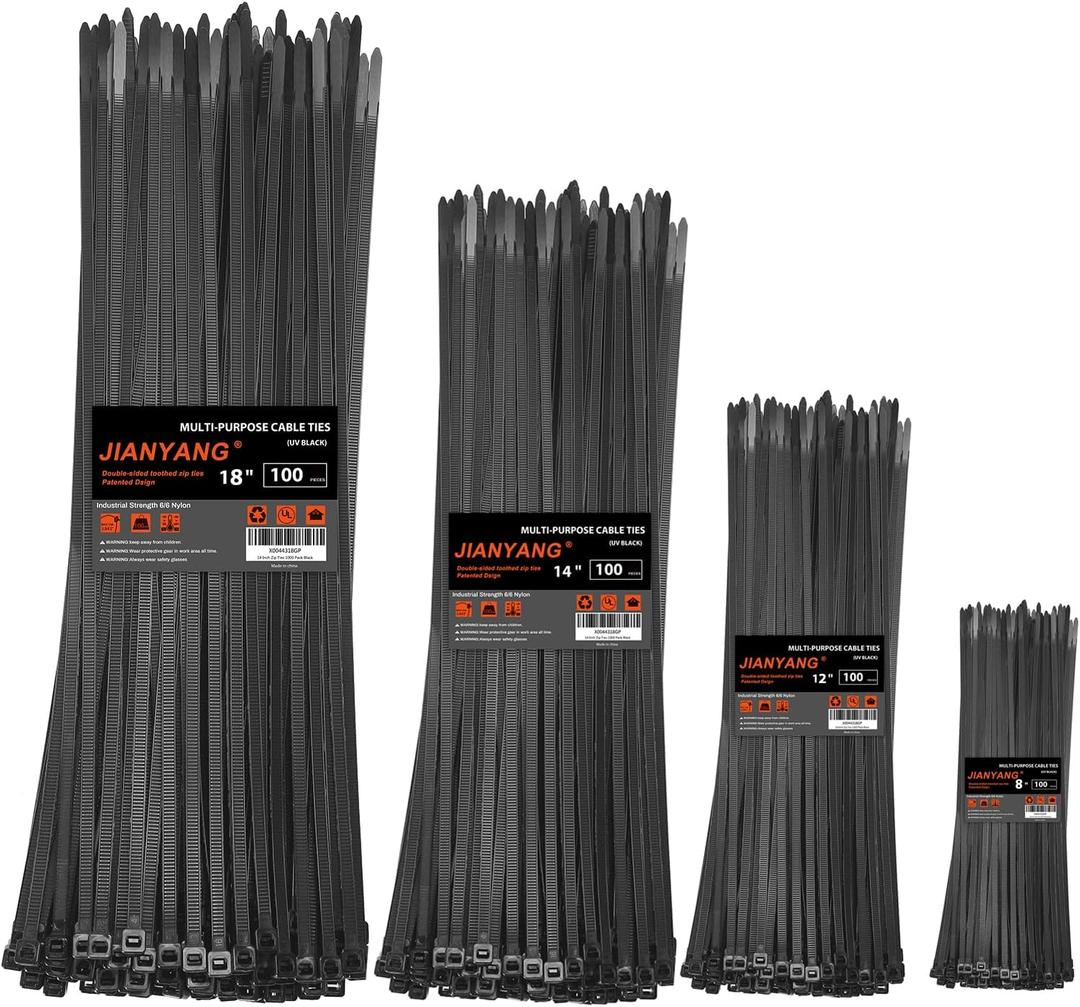 Zip Ties Assorted Size,8+12+14+18 Inch Double Sided Toothed,100 LBS Tensile Strength Heavy Duty Cable Wire Ties With Self-Locking Adjustable More Durable Nylon Tie Wraps for Indoor Outdoor400 Pack