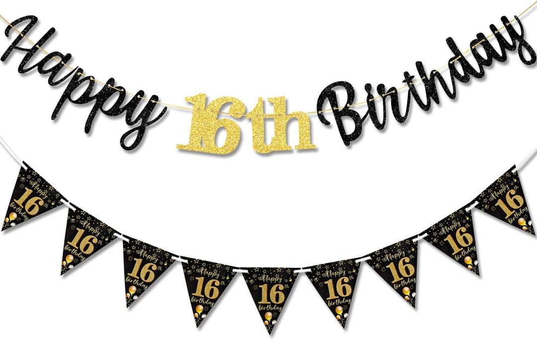 16th Birthday Decorations Banner Boys Girls, Black Gold Happy 16thBirthday Banners for Girls Boys (Birthday 16th)