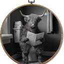 Pugwak Funny Highland Cow Bathroom Round Wall Art Decor, Western Cow Canvas Art Framed, Funny Farm Animal Reading on Toilet Artwork Wall Hanging Decor for Bathroom Washroom Restroom, 10x10in