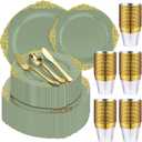 Umigy 300 Pcs Sage Green Plastic Plates Heavy Green and Gold Disposable Dinnerware, Include 50 10. 2" Dinner Plates, 50 7. 5" Dessert Dinnerware and 150 Gold Silverware for Weddings Party