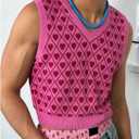 BEAUDRM Men's Heart Graphic Printed Sleeveless V Neck Sweater Vests Cropped Knit Tank Tops Pink Large (Pink, L)
