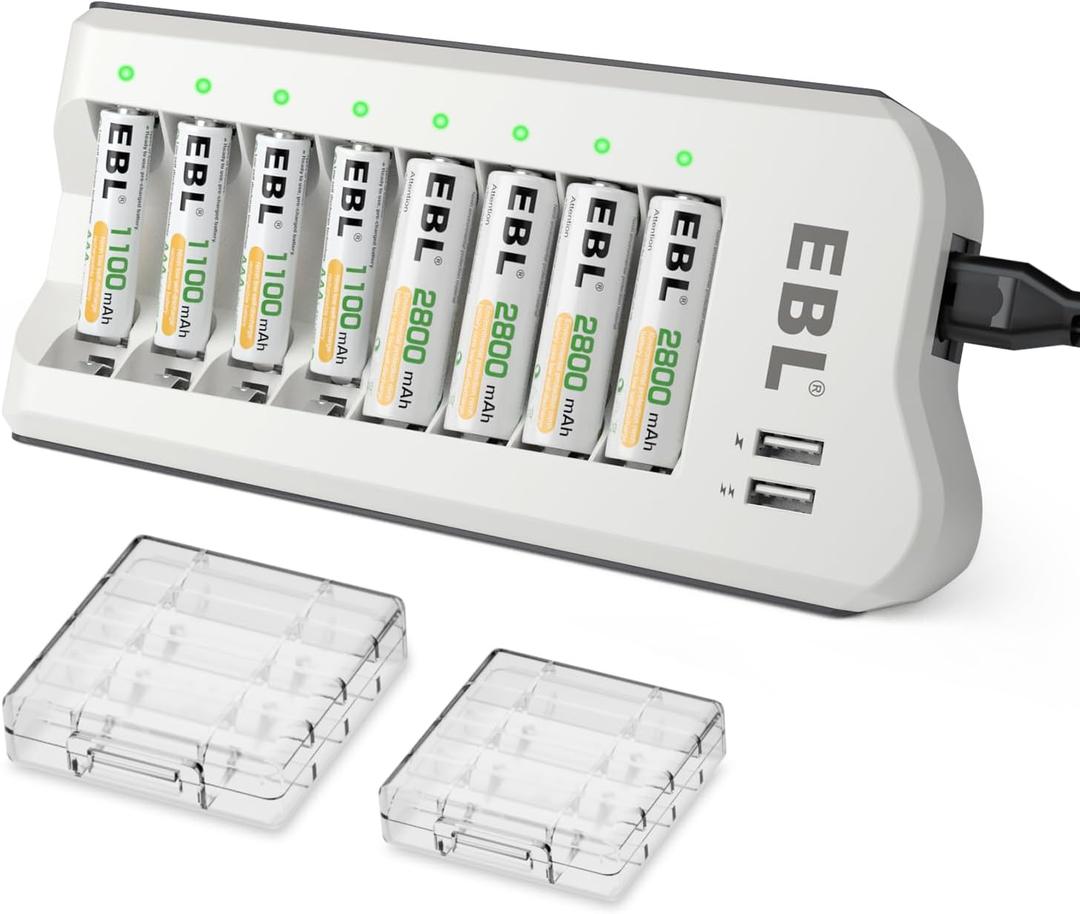 EBL Battery Charger and Rechargeable Batteries AA AAA - 8Bay Smart Charger with 2800mAh AA Rechargeable Batteries(4pcs) & AAA Battery Ni-MH Battery(4pcs) Combo