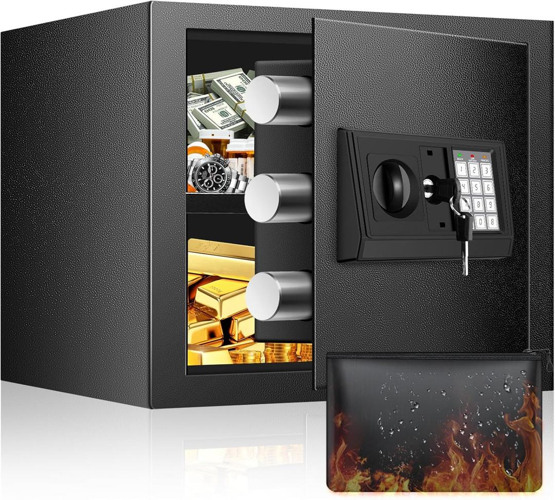 Home Safe Box, Safes with Fireproof Waterproof Bag, 9.84'' H Anti-Theft Digital Security Lock Box with Smart Alert System, Removable Shelf, Mute Function, Document Safes for Jewelry