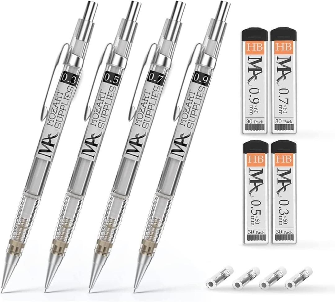 MozArt Mechanical Pencil Set with Case - 4 Sizes: 0.3, 0.5, 0.7 & 0.9mm with 30 HB Lead Refills Each & 4 Eraser Refills -Sketch, Drafting, Art, Drawing Supplies (Clear)