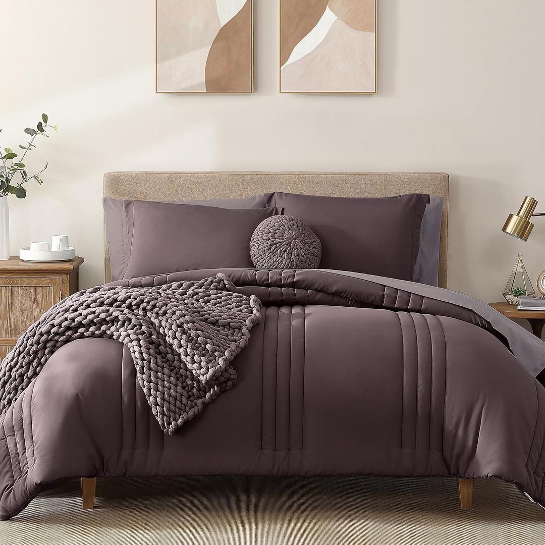 Monbix California King Size Comforter Set - 7 Pieces Bed in a Bag California King, Plum Bedding Sets with Comforter, All Seasons Comforter Bed Set with Sheets, Pillowcases & Shams