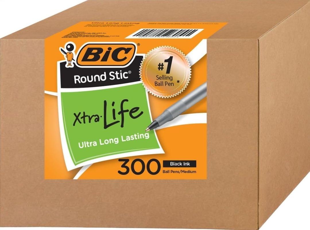 BIC Round Stic Xtra Life Ballpoint Pens, Bulk Pack of Black Ink Pens, Medium point 1.0 mm, Pack of 300
