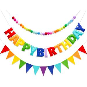 3 Pcs Pre-Strung Happy Birthday Banner, Felt Ball Garland, Pennant Triangle Flags, Rainbow Party Decorations, HAPPY BIRTHDAY Garland, Personalized Holiday Sign for Birthday Decor, Party Supplies, Photo Prop ( Felt Banner + Pennant Flags + Rainbow Balls)