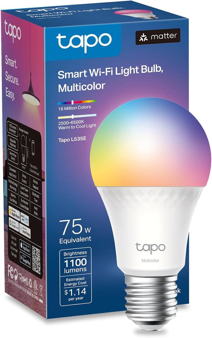 Tapo TP-Link Smart Light Bulbs, 1100 Lumens High Brightness(75W Equivalent), Matter-Certified, 16M Colors RGBW LED Bulb, Dimmable, CRI>90, Voice Control w/Siri, Alexa & Google Home, A19 E26 L535E (1 Pack)