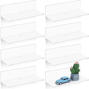 8 Pieces Acrylic Floating Wall Shelves 9 Inches Adhesive Floating Shelf Screwless Shelves Hanging Shelves Small Self Adhesive Display Shelf for Smart Speaker, Action Figures, Security Cameras (White)