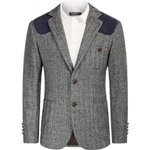 PJ PAUL JONES Mens Herringbone Blazer Vintage Tweed Wool Blend Sport Coat Jacket, Black, XL