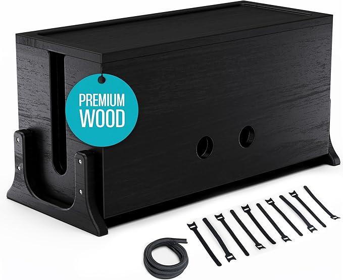 Extra Large Cable Management Box, Wood Cord Hider Box & Organizer for Power Strip, TV Wires & Desk Cable Storage Blackened Acacia