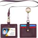 Wonderpool Leather Horizontal Badge Holder with Detachable Neck Lanyard and Retractable Badge Reel Clip, Card Slots Case ID Card Holder for ID Badges Card and Driver Licence (Purple)
