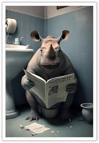KOEUIRW Funny Rhino Bathroom Canvas Wall Art Cute Dog In Toilet Posters Black and White Animal Prints Painting Maximalist Mid Century Modern Aesthetic Wall Decor for 24x36in Unframed