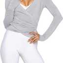 Women Wrap Top Thumb Hole Long Sleeve Self Tie Workout Shirt Pilates Ballet Yoga Tops (Small, Grey)