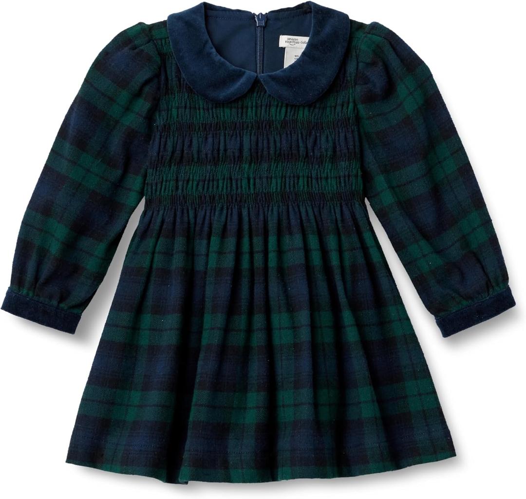Amazon Essentials x Sofia Grainge Toddlers and Baby Girls' Long Sleeve Flannel Dress (3T, Dark Emerald Green Deep Blue Plaid)