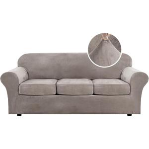 H.VERSAILTEX Modern Velvet Plush High Stretch Sofa Slipcover Furniture Protector Form Fit Luxury Thick Sofa Cover for 3 Cushion Couch, Machine Washable Width Up to 90 Inch (Sofa,Taupe), 4 Piece