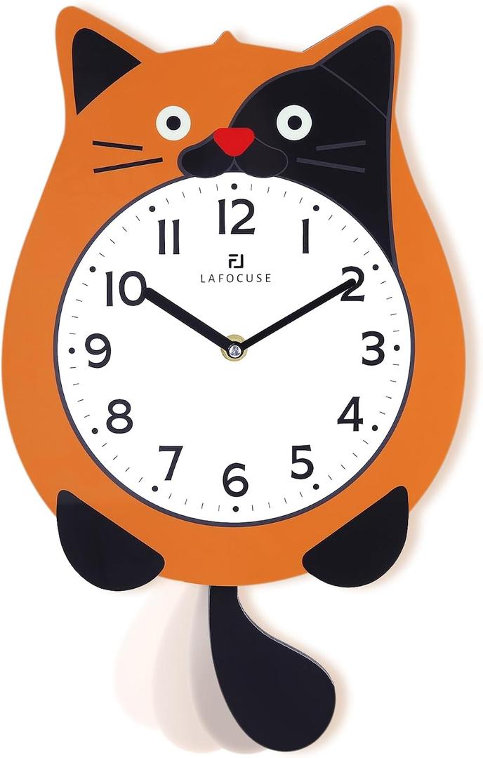 Lafocuse Silent Cat Wall Clock with Swinging Tail Battery Operated, Analog Orange Cat Clocks for Kid's Room, Cute Kids Wall Clock for Living Room Bedroom Home Decor