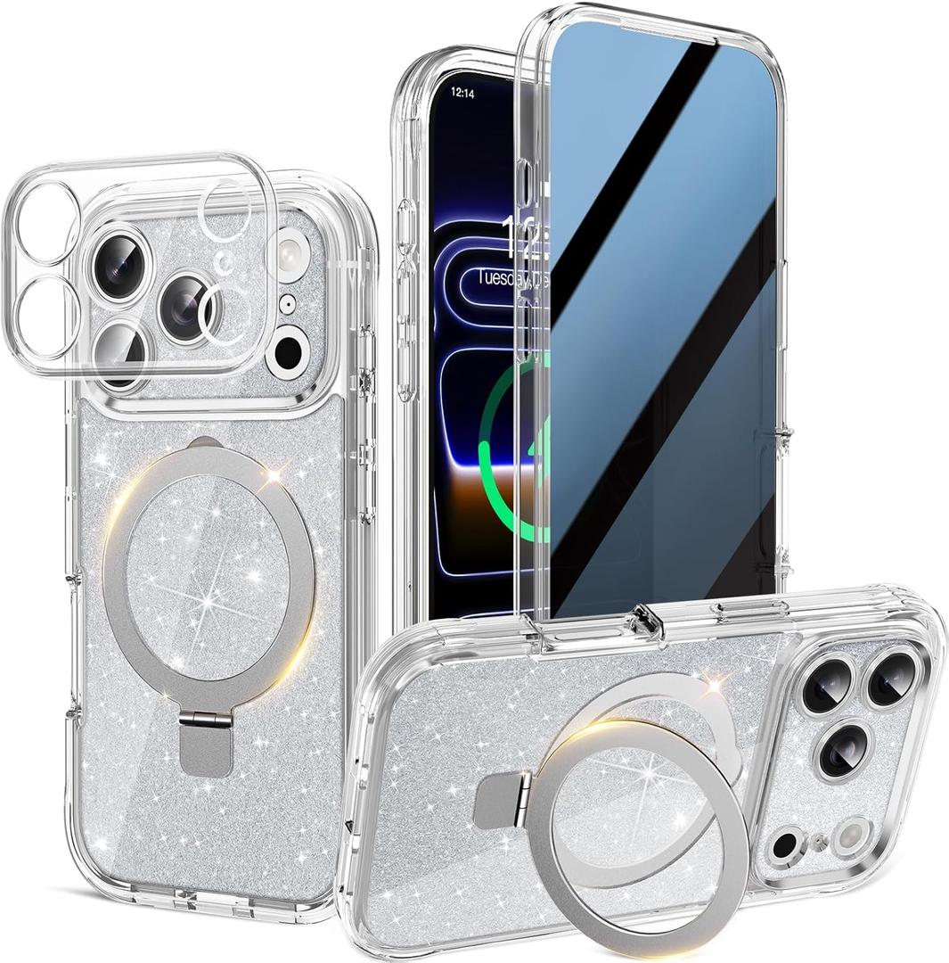 Magnetic Privacy Case for iPhone 17 Pro Max [DIY Glitter Cardstock] [Invisible Magnetic Kickstand] Built-in Anti Peep Screen Protector, Camera Protection Full Body Glitter Case for Women - Clear
