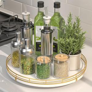 12" Wooden Lazy Susan Turntable for Cabinet  Round Rotating Spice Rack Organizer, White Kitchen Countertop Tray for Dining Table & Pantry Storage (White & Gold)