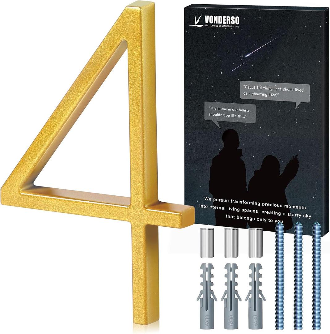 VONDERSO 6 Inch Floating House Numbers for Outside,Modern Metal Address Number 4,Durable Weather-Resistant Gold Powder Coated Finish,No Fading (Gold)