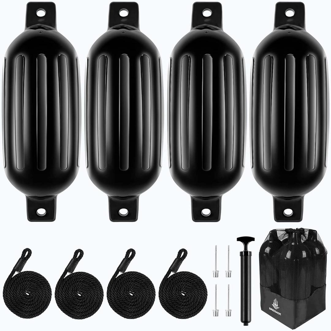 Dreizack Boat Fenders 4 Pack, Boat Bumpers for Docking with 4 Ropes, Inflatable Ribbed Marine Pontoon Boat Fender Bumper for Docks with 1 Storage Bag, 1 Air Pump and 4 Needles