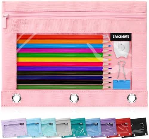 SPACEMATE Binder Pencil Pouch Case Box Bag for Ring Binder School Supplies Girls Boys Kids, Clear Preppy Stuff Large Aesthetic Pen Organizer, Back to College Stationary, 1 Pack, Light Pink