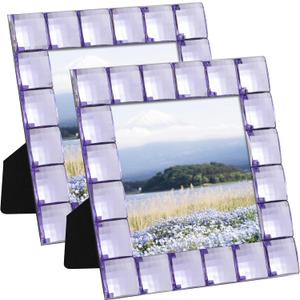 eletecpro 4x4 Sparkling Jewel Picture Frame with Real Glass and Purple Acrylic Decoratd, Elegant Style for Square Photos Desk Decor Wall and Tabletop Set of 2