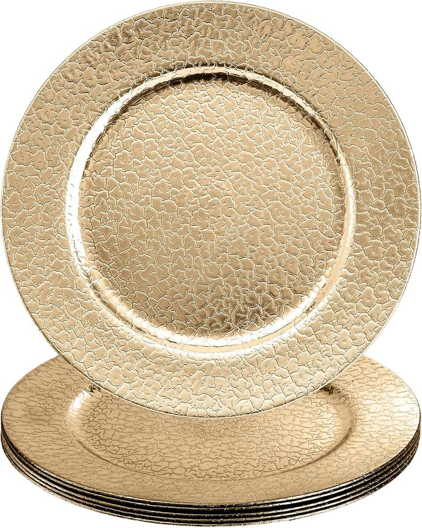 Kingrol Set of 6 Gold Plastic Charger Plates, 13" High-Shine Round Decorative Underplates with Alligator Texture, Warm Gold Table Setting for Wedding & Events, Not for Food Contact