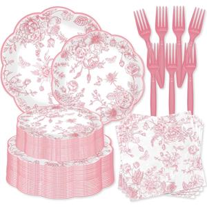 250 Pcs Pink Floral Plates and Napkins, 50 Guests Pink and White Scalloped Disposable Tableware Set Vintage Paper Plates Napkins for Wedding Bridal Shower Tea Garden Party Supplies