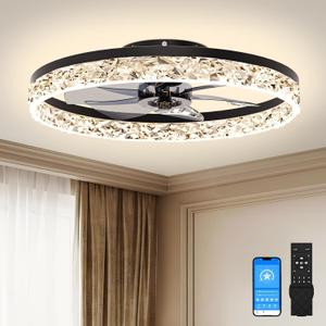 VOLISUN Fandelier Ceiling Fans with Light, 23.6in Low Profile Ceiling Fan with Light and Remote, 3000K-6500K Dimmable Bladeless Ceiling Fan Flush Mount, Black Modern Ceiling Fans for Bedroom
