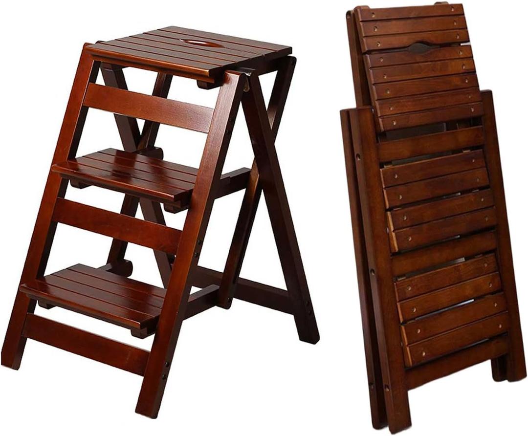 3-Step Ladder Stool, Wooden Folding Step Stool for Home & Kitchen, Solid Pine with Non-Slip Steps & Anti-Scratch Shoe Covers, 337lb Weight Capacity, Space-Saving, No Assembly Required (Walnut)