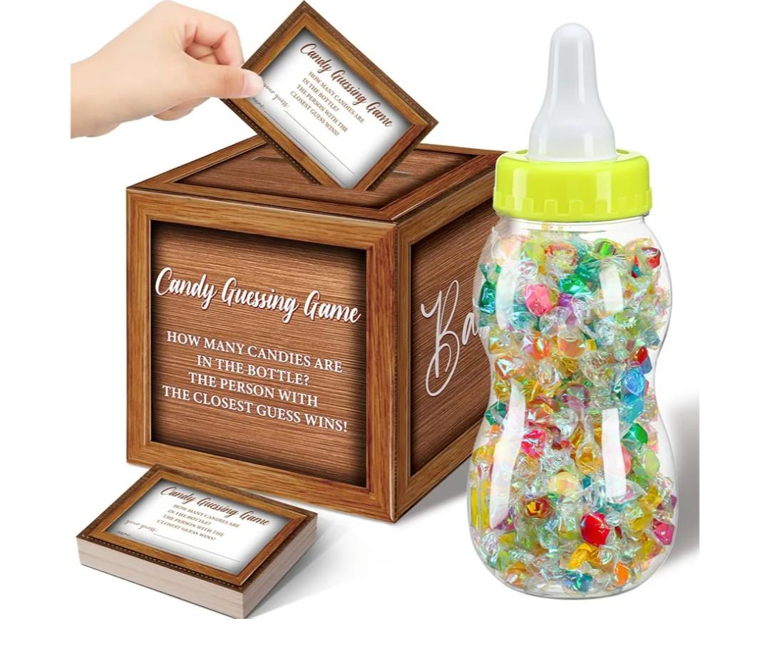 Glenmal 52 Pcs Baby Shower Games Gift Sets Large Baby Bottle for Shower Game Guess How Many Candies Baby Shower Decorations for Baby Shower favors Games Gender Reveal (Wood Grain)