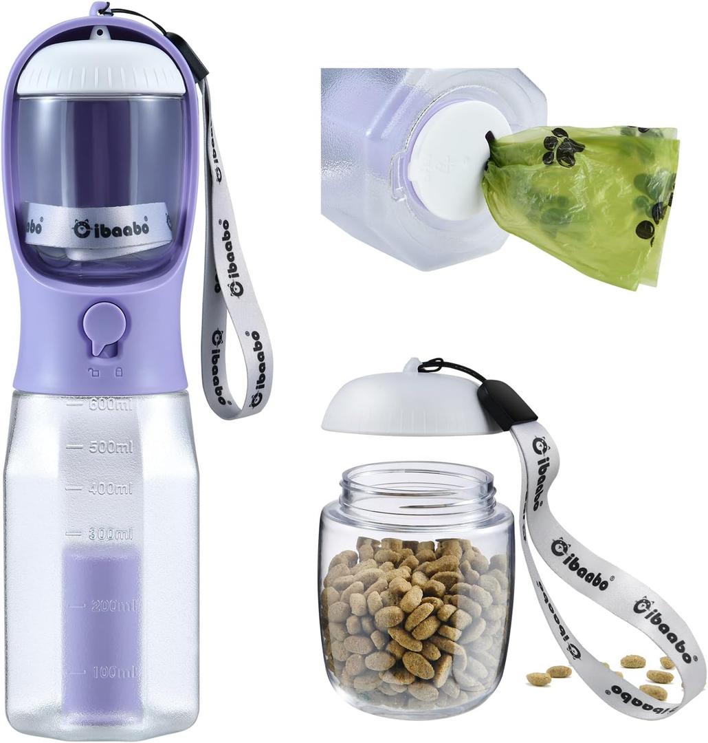 Dog Water Bottle with Food Container & Poop Bag Holder, Travel Water Bowl, Portable Pet Dispenser, Dog Stuff Accessories Items, Puppy Essentials Necessities for Yorkie Chihuahua Walking Hiking (20 Ounces, #05 Purple)