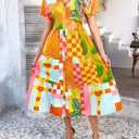 Women's Floral Boho Midi Dress V-Neck Short Sleeve Summer Casual Button-Up Flowy Dresses 2026 Beach Vacation Outfits (S)