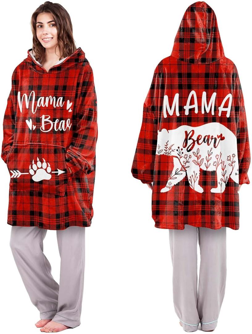 Gifts for Mom Wearable Blanket Hoodie - Mom Christmas Birthday Gift from Daughter Son - Love You Mama for Mothers Day Blanket (Red-mama Bear)