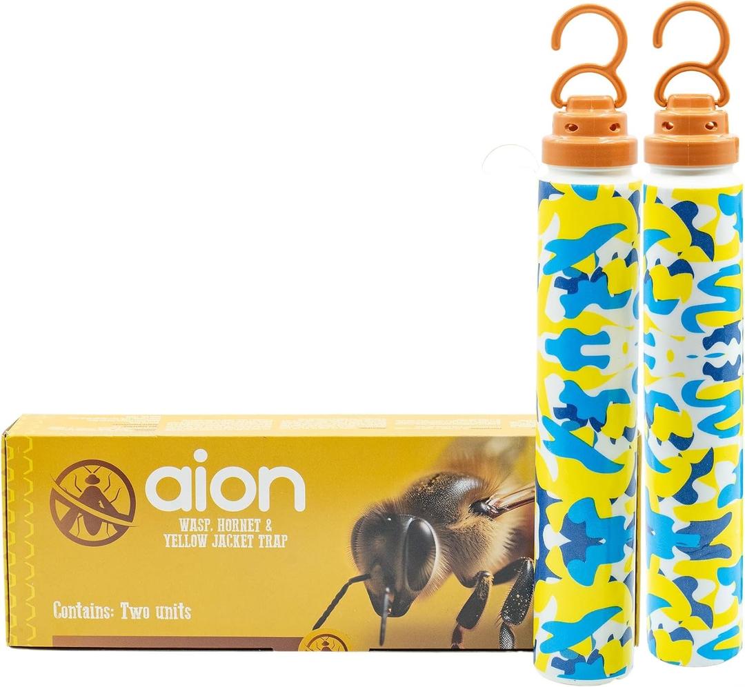 Aion Outdoor Wasp, Hornet & Yellow Jacket Traps with Natural Bait Attractant and Hanging Hooks for Trapping Flying Insects or Bugs, Patio, Camping, and Backyard Disposable Catchers, 2 Pack